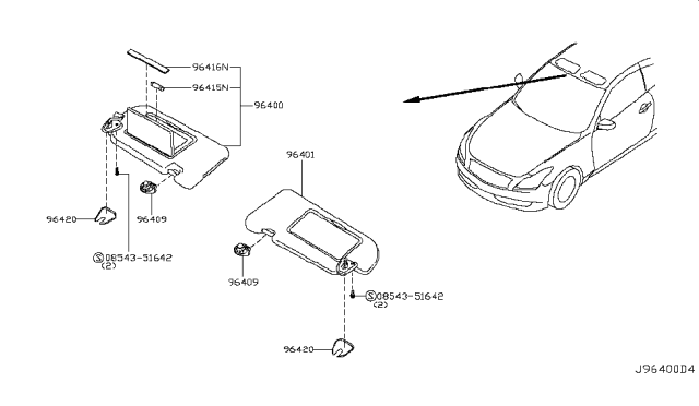 2009 Infiniti G37 Driver Sun Visor Assembly Diagram for 96401-1ND0A
