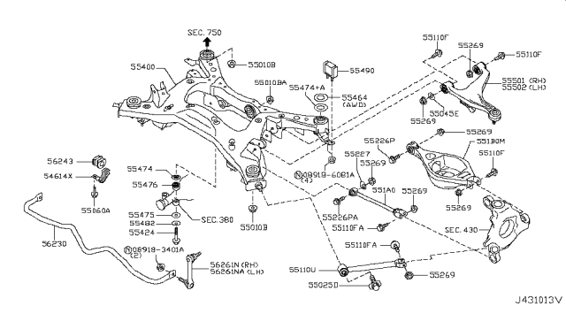 2009 Infiniti G37 Member Complete - Rear Suspension Diagram for 55400-JL01E