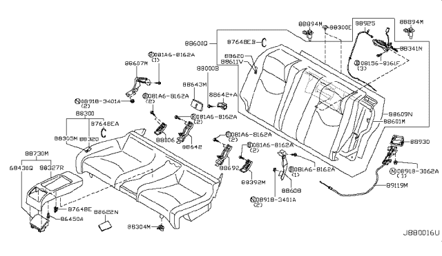 2015 Infiniti Q60 Rear Seat Armerst Lid Assembly Diagram for 88702-1NG0C
