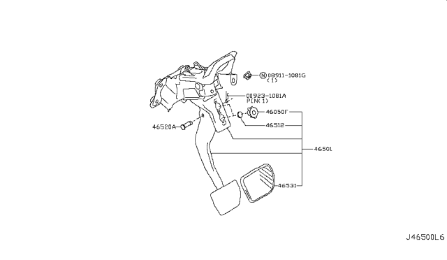 2012 Infiniti M56 Pedal Assy-Brake W/Bracket Diagram for 46501-1MU1B