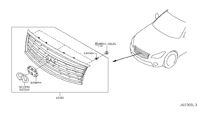 2014 Infiniti Q70 Front Radiator Grille Assembly Diagram for 62310-1MA1B