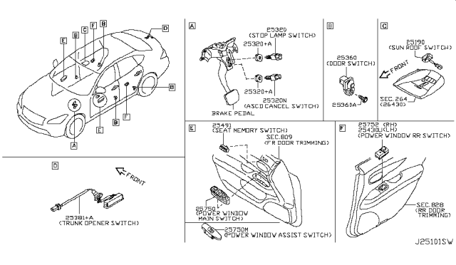 2011 Infiniti M37 Power Window Switch Assembly, Rear Left Diagram for 25431-1MA0A