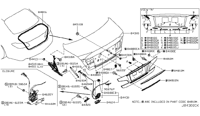 2013 Infiniti M37 Trunk Lid Closure Assembly Diagram for 84622-1PM1B