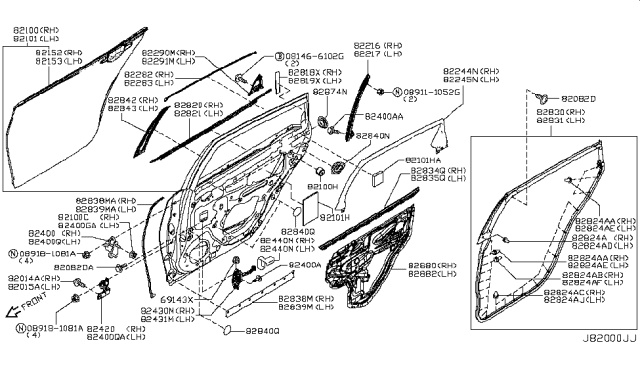 2014 Infiniti Q70 Gas Rear Door Panel & Fitting Diagram 1