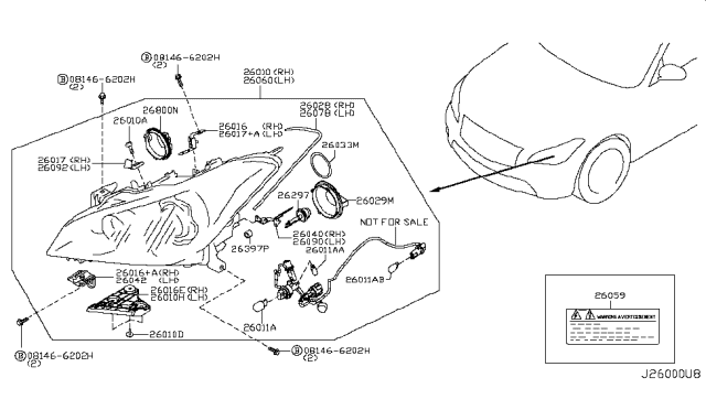 2011 Infiniti M37 Right Headlight Assembly Diagram for 26010-1MA1A