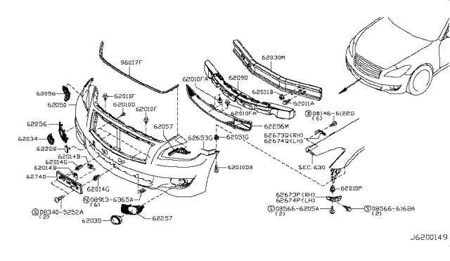 2015 Infiniti Q70 Front Bumper Diagram 4