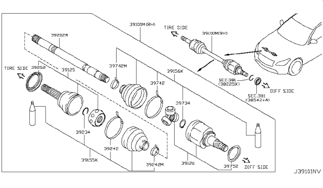 2014 Infiniti Q70 Shaft Assembly-Front Drive RH Diagram for 39100-1MC0B