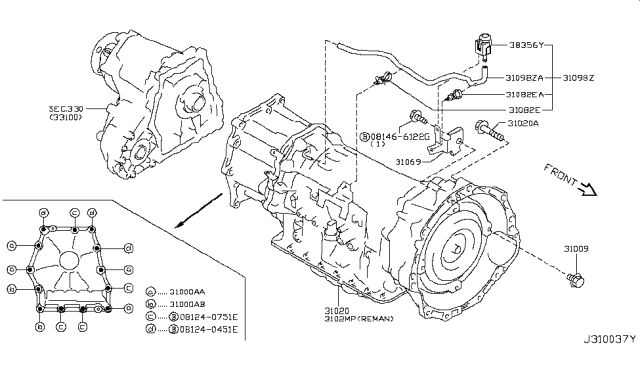 2015 Infiniti Q70 Transmission Assembly - Automatic Diagram for 31020-X607A