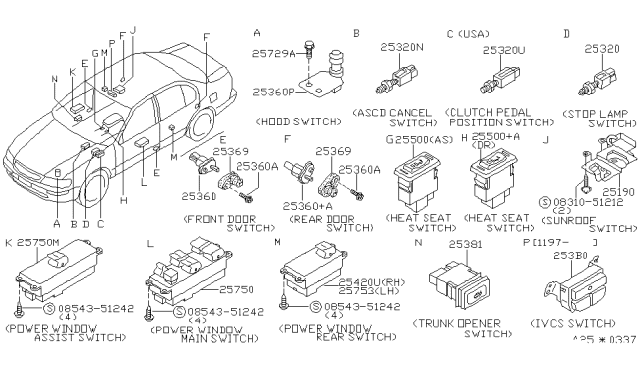 1998 Infiniti I30 Rear Power Window Switch Assembly, Right Diagram for 25421-2L900