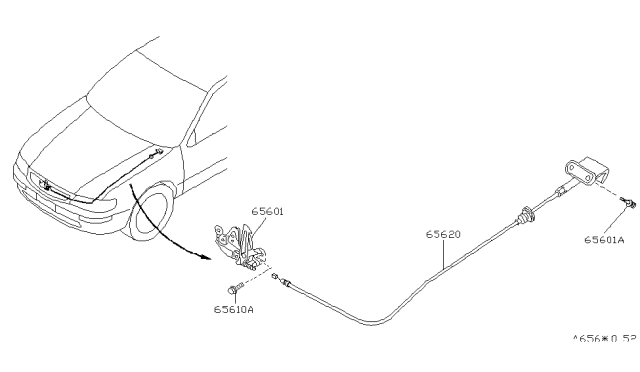 1996 Infiniti I30 Hood Lock Control Cable Assembly Diagram for 65620-40U00