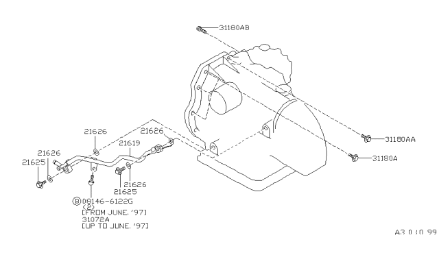 1996 Infiniti I30 Tube Assy-Oil Cooler Diagram for 21619-32U00