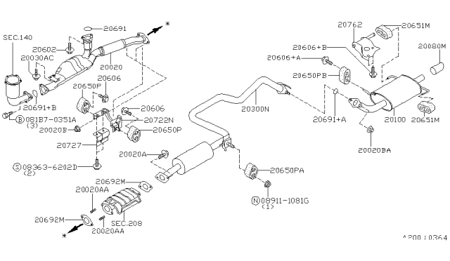 1999 Infiniti I30 Front Exhaust Tube Assembly Diagram for 20020-4L800