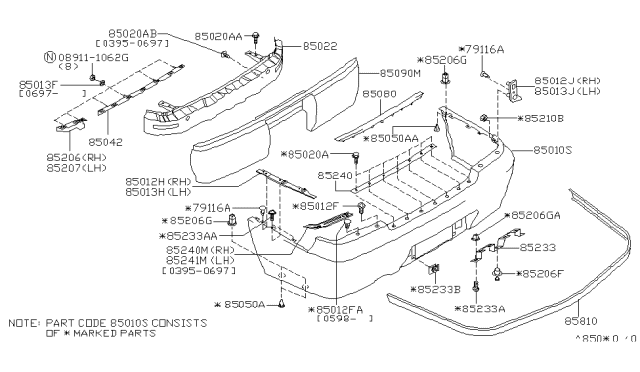 1998 Infiniti I30 Rear Bumper Fascia Kit Diagram for H5022-42U25