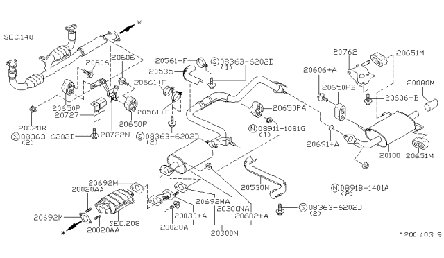 1996 Infiniti I30 Exhaust Sub Muffler Assembly Diagram for 20300-0L701