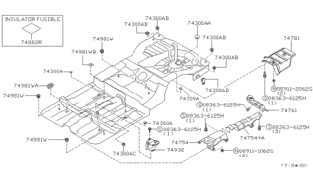 1993 Infiniti G20 Plug-Front Floor Diagram for 74890-01E00