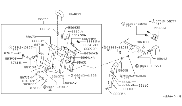 1995 Infiniti G20 Rear Seat Armrest Assembly Diagram for 88700-79J61