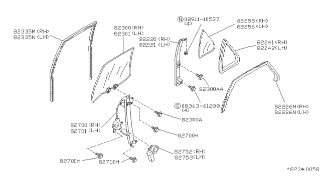 1996 Infiniti G20 Motor Assy-Regulator,RH Diagram for 80730-50J16