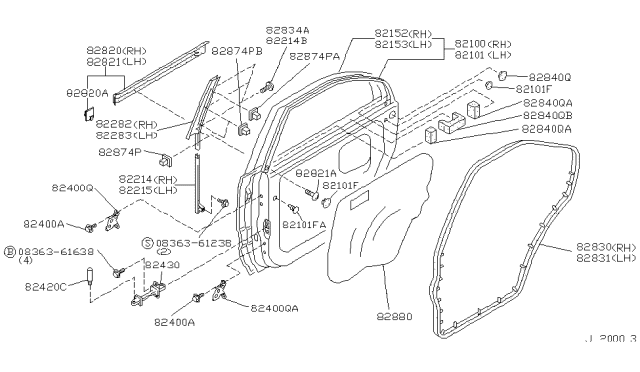 1993 Infiniti G20 Moulding-Rear Door Sash,Front LH Diagram for 82283-50J20