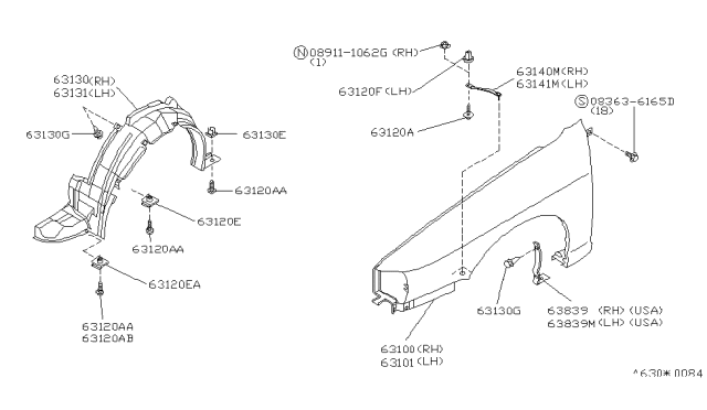 1996 Infiniti G20 Front Fender & Fitting Diagram