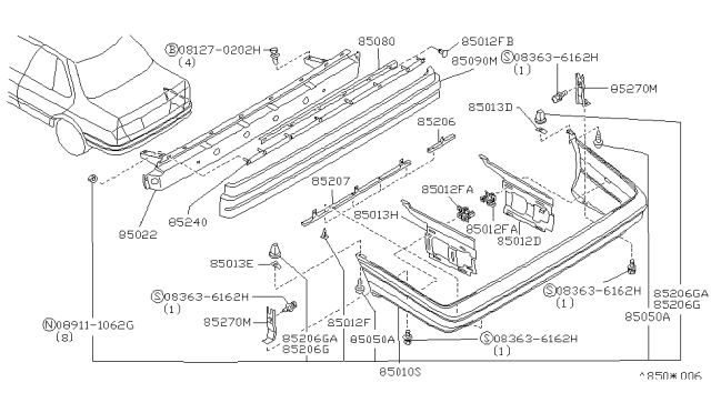 1995 Infiniti G20 Rear Bumper Fascia Kit Diagram for 85022-78J25