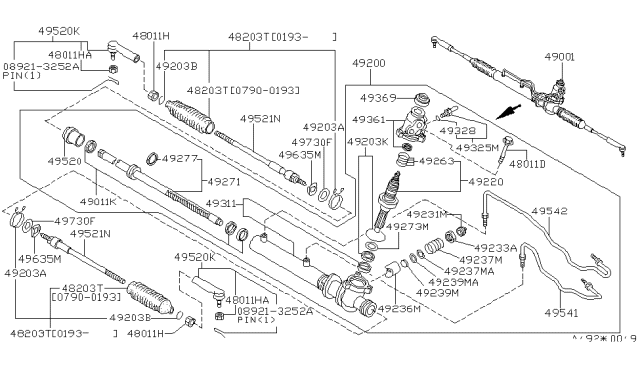 1996 Infiniti G20 Power Steering Rack Assembly Diagram for 49271-59J00
