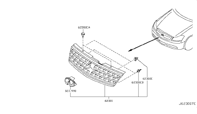 2007 Infiniti M45 Front Grille Assembly Diagram for 62310-EJ90B