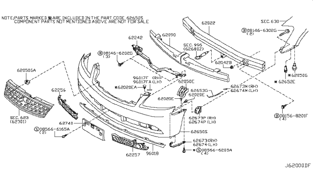 2008 Infiniti M35 Front Bumper Right Grille Diagram for 62256-EG600