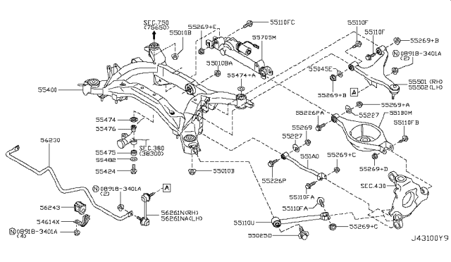 2008 Infiniti M45 Rear Right Suspension Arm Assembly Diagram for 55501-EG00A