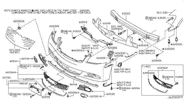 2008 Infiniti M35 Front Bumper Grille Diagram for 62254-EJ70B