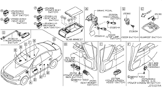 2009 Infiniti M35 Rear Power Window Switch Assembly, Left Diagram for 25431-EJ70B