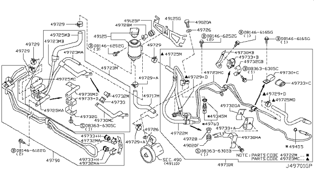 2009 Infiniti M35 Power Steering Hose & Tube Assembly Diagram for 49721-EG00B