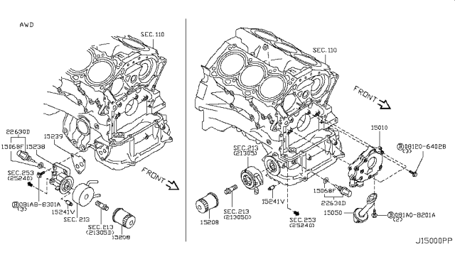 2009 Infiniti M35 Engine Oil Filter Assembly Diagram for 15208-65F0A
