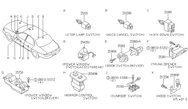 1994 Infiniti J30 Power Window Switch Assembly, Rear Right Diagram for 25421-10Y00