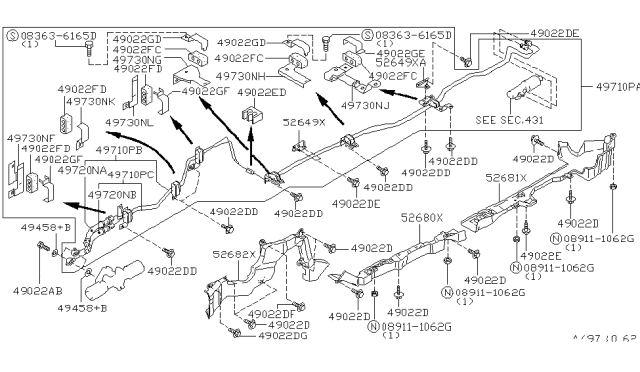 1994 Infiniti J30 Power Steering Hose & Tube Set Diagram for 49710-11Y65