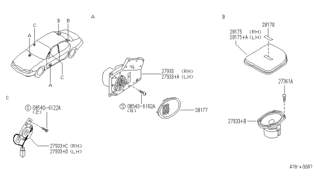 1994 Infiniti J30 Grille-Speaker,Rear Diagram for 28174-14Y00