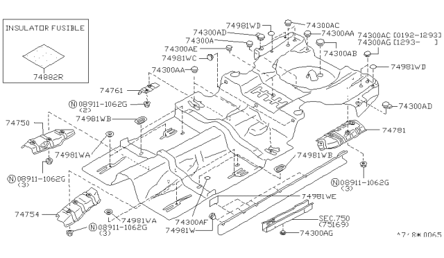 1993 Infiniti J30 INSULATOR Assembly-Heat,Front Floor Diagram for 74750-10Y00