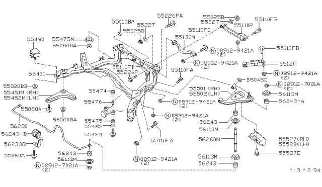 1995 Infiniti J30 Rear Right Upper Suspension Arm Assembly Diagram for 55501-1P425