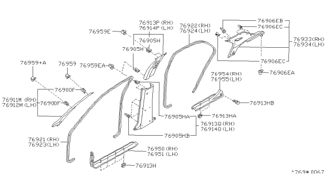 1995 Infiniti J30 GARNISH Assembly Pillar LH Diagram for 76912-10Y03