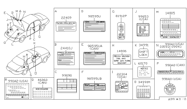 1997 Infiniti J30 Caution Plate & Label Diagram