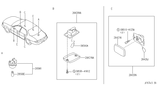 1997 Infiniti J30 Lamp Assy-Trunk Room Diagram for 26470-60U00