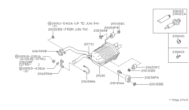 1995 Infiniti J30 Exhaust Main Muffler Assembly Diagram for 20100-10Y10