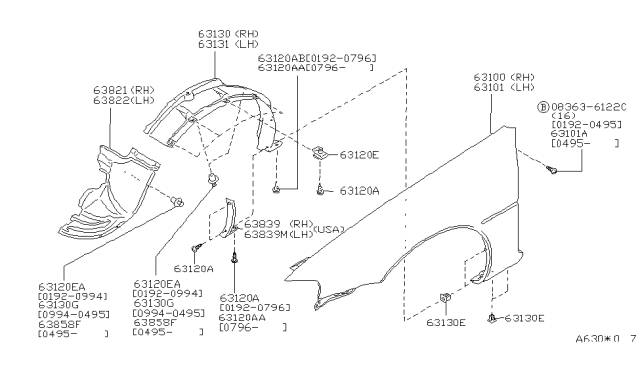 1995 Infiniti J30 Protector-Front Fender,Front RH Diagram for 63844-10Y00