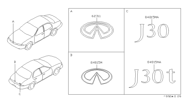1997 Infiniti J30 Front Emblem Diagram for 62889-10Y02