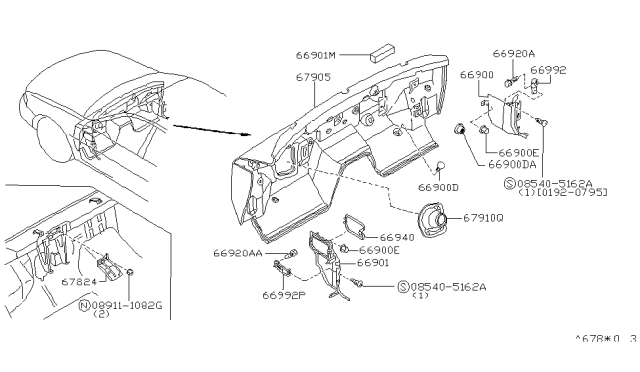 1996 Infiniti J30 Bracket-Dash Side FINISHER,R Diagram for 66990-10Y00