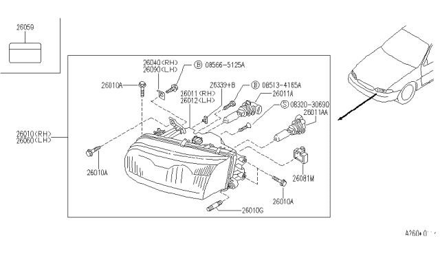 1994 Infiniti J30 Head Lamp Unit Left Diagram for 26065-10Y12