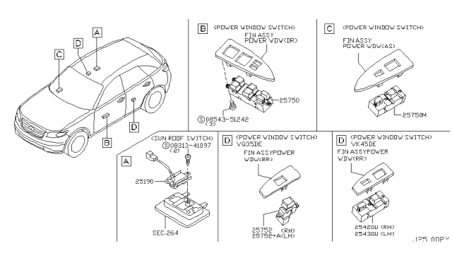 2005 Infiniti FX35 Rear Power Window Switch Assembly, Right Diagram for 25421-7Y000