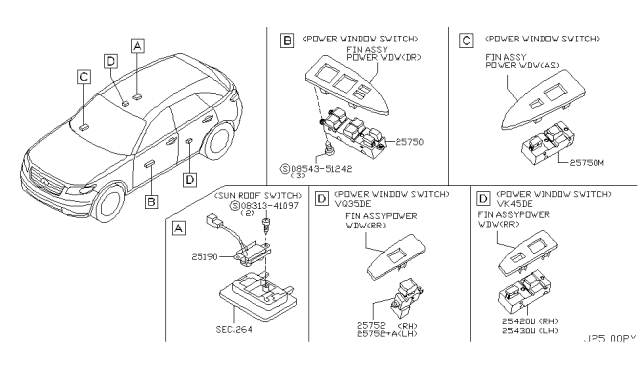 2005 Infiniti FX35 Main Power Window Switch Assembly Diagram for 25401-CG700