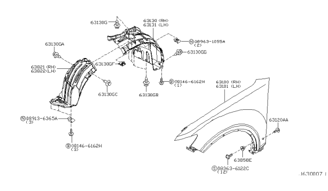 2006 Infiniti FX45 Protector-Front Fender,Front R Diagram for 63844-CL70A