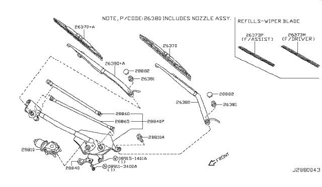 2004 Infiniti FX45 Window Wiper Blade Assembly Diagram for 28890-CG000
