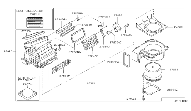 2004 Infiniti FX45 Air Conditioner Air Filter Kit Diagram for 27277-CL025
